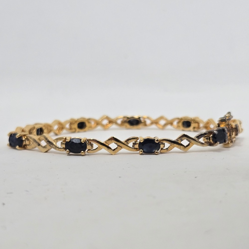 925 Sterling Silver Gold Vermeil Blue Sapphire Tennis Bracelet 7.25 Inch 10.85g